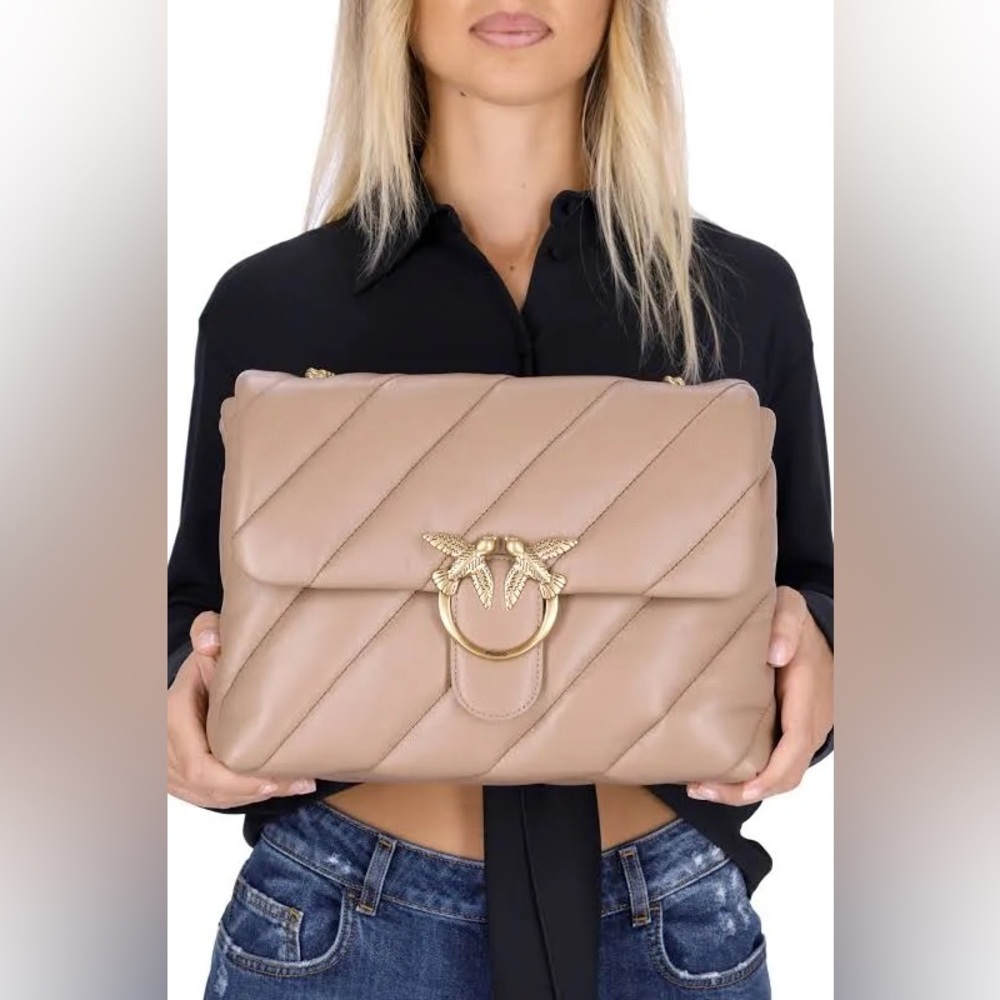 New Pinko Large Puff Leather Shoulder Bag In Taupe